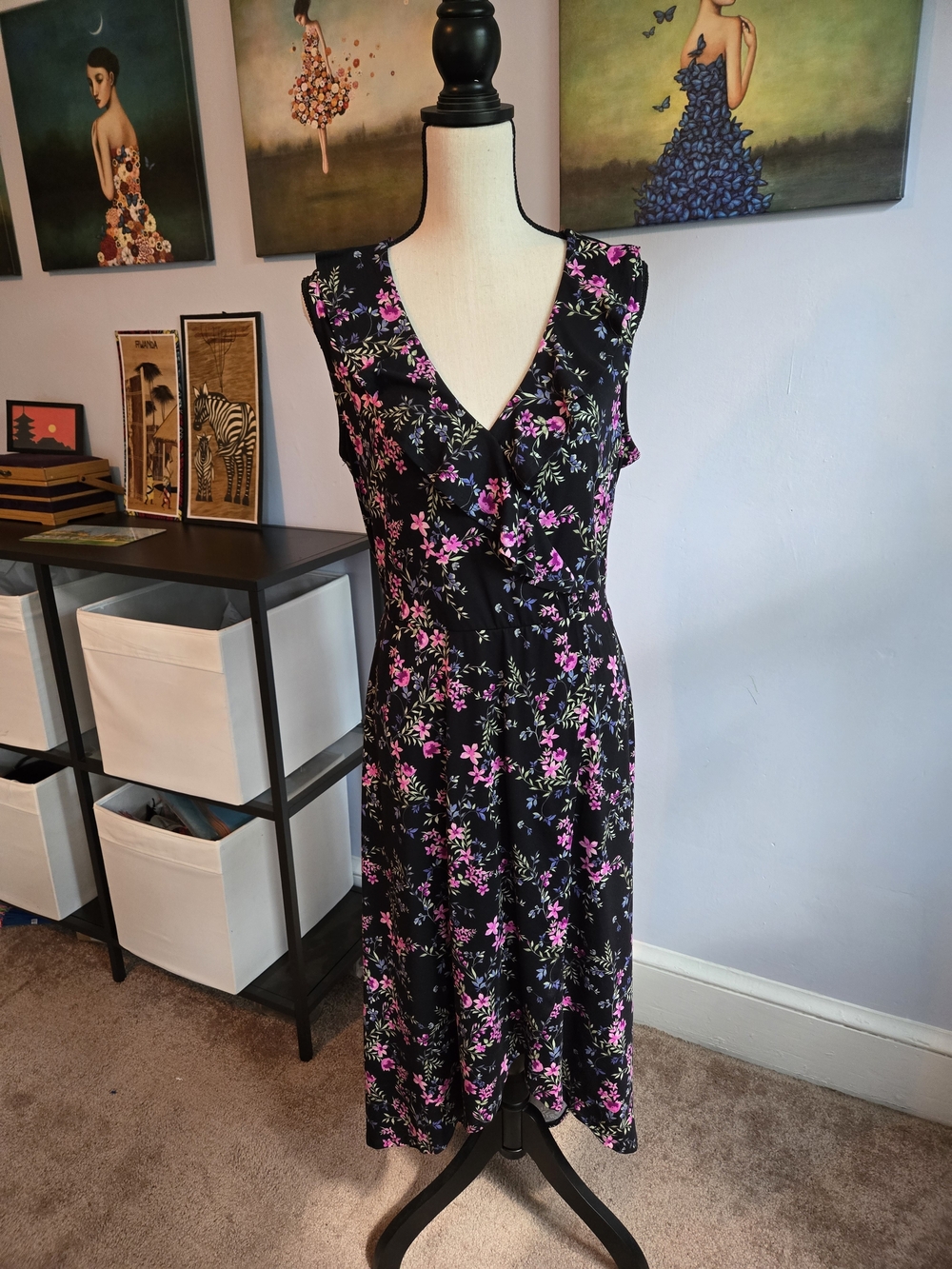 BCX Black Sleeveless High-Low Midi Dark Floral Faux Wrap Dress Sz Lg